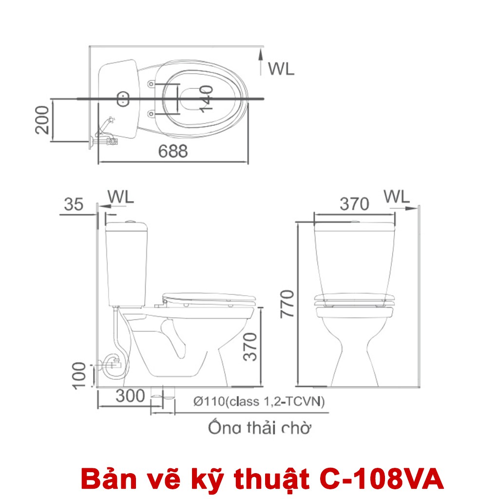 Bồn cầu vệ sinh Inax chính hãng C-108VA hai khối xả nút nhấn tiết kiệm nước