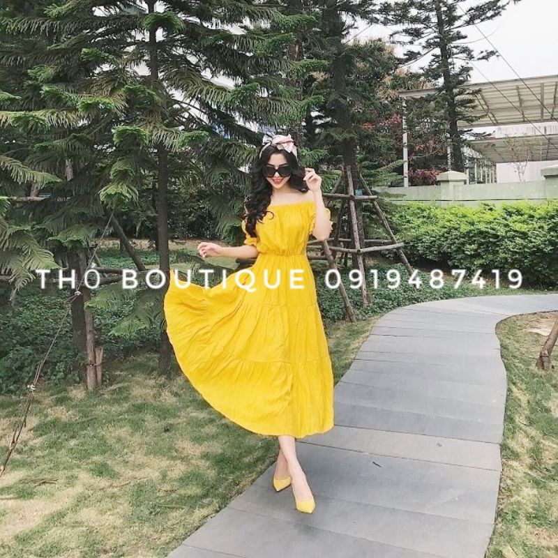 Đầm midi babydoll FOREVER 21 xuất xịn cotton tầng xoè trễ vai tay ngắn màu vàng tươi