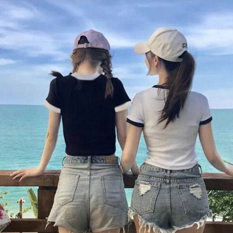 WANG JIAO ZHAN Áo Thun Ngắn Dáng Ôm Màu Trơn Phong Cách Hàn Quốc Đa Năng Mới