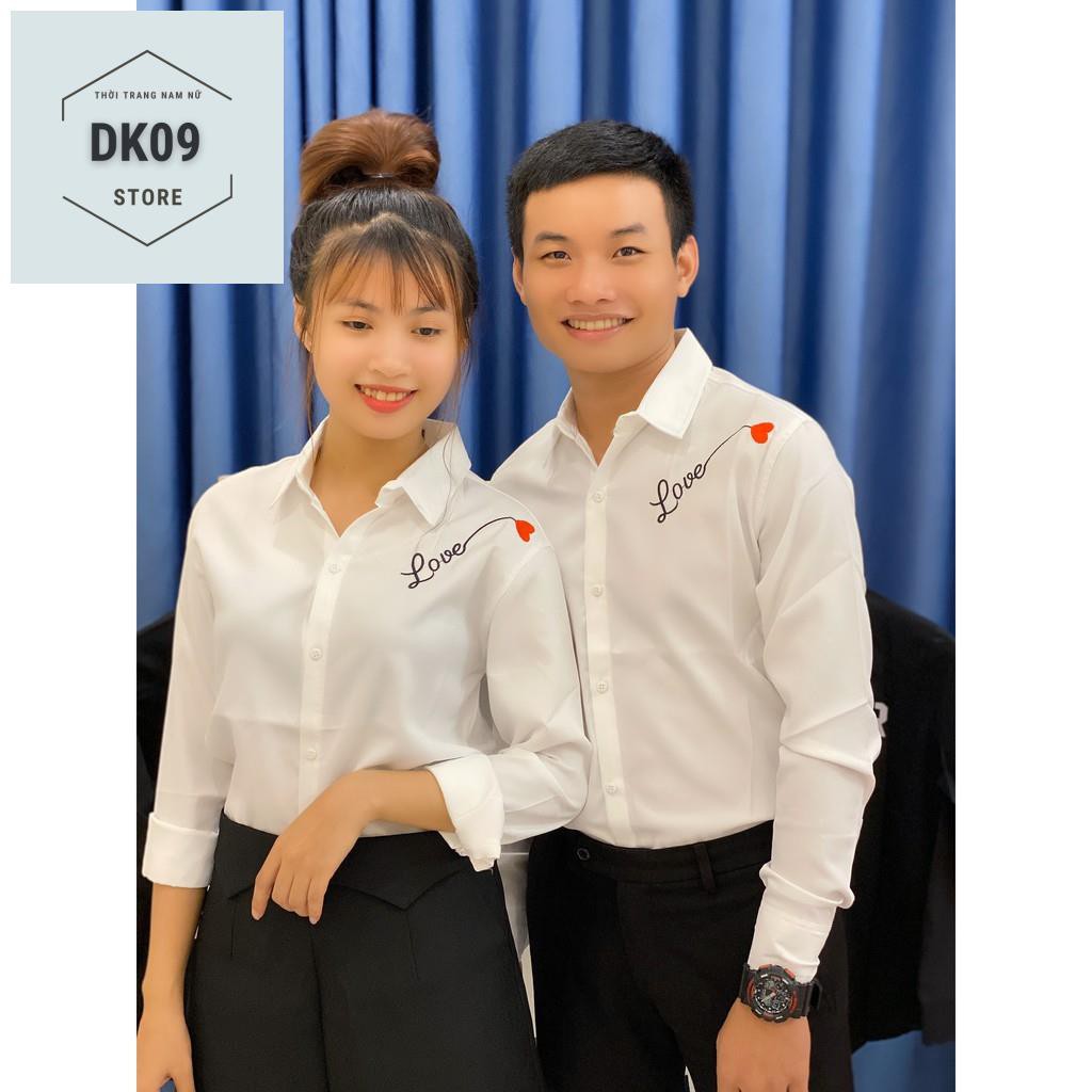 Áo Sơ Mi Dài Tay Cặp Đôi Nam- Nữ Thêu Love Tim | BigBuy360 - bigbuy360.vn