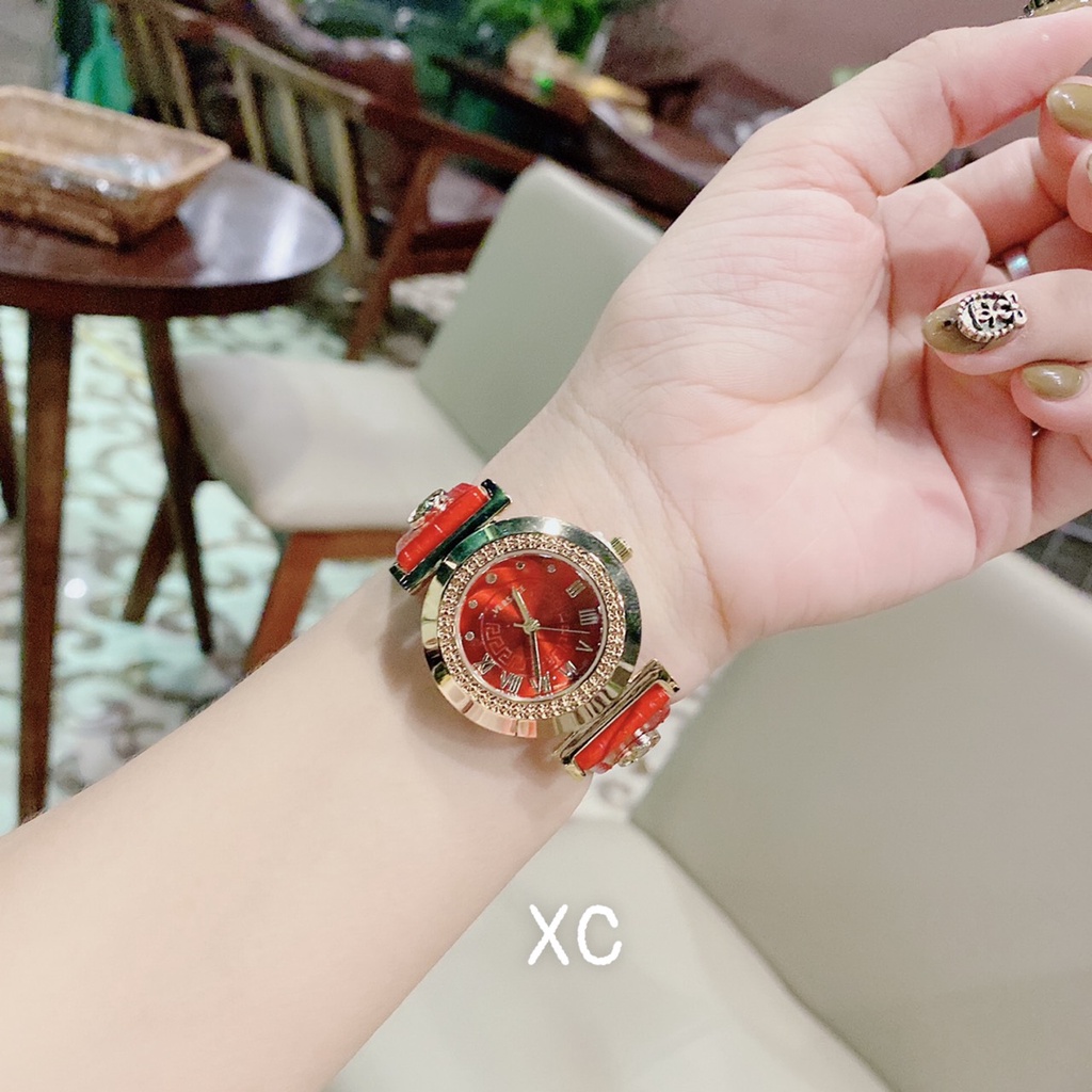 Đồng Hồ Nữ Cao Cấp, Đồng Hồ Đeo Tay Thời Trang VERSACE Dây da mặt Viền Thép Chống Nước