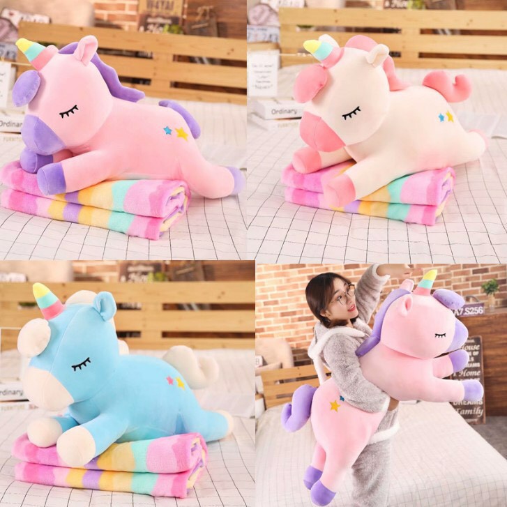 Bộ chăn gối kì lân 3 trong 1 - gối mền ngựa pony, chăn 7 màu và chăn 1 màu