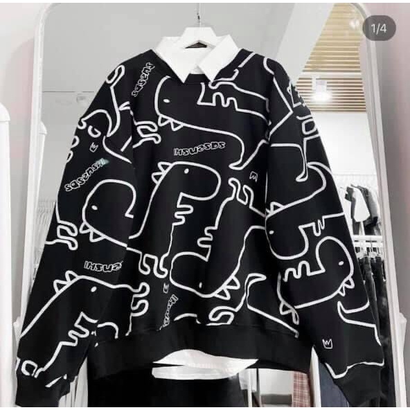 ÁO SWEATER SASENSHI CHỮ UNISEX - ÁO NỈ TAY DÀI ULZZANG HOẠ TIẾT KHỦNG LONG ĐEN TRẮNG