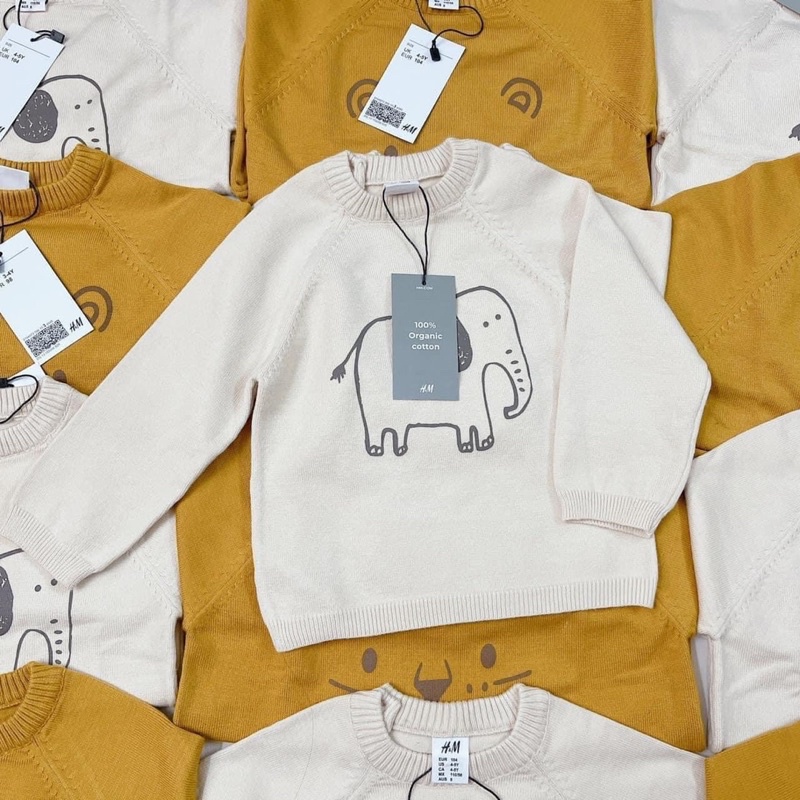 Set 2 áo len xuất dư nhà máy bé trai bé gái, áo len cổ tròn mềm mịn vàng xám họa tiết voi và hổ cực xinh và ấm áp
