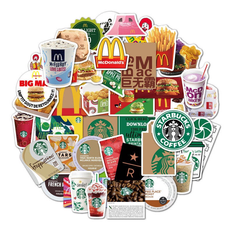 Set 50 Tờ Nhãn Dán Trang Trí Sổ Tay Chống Thấm Nước Họa Tiết LOGO Starbucks M Keep Burger Cola Ngôi Sao Băng Kiểu Đường Phố