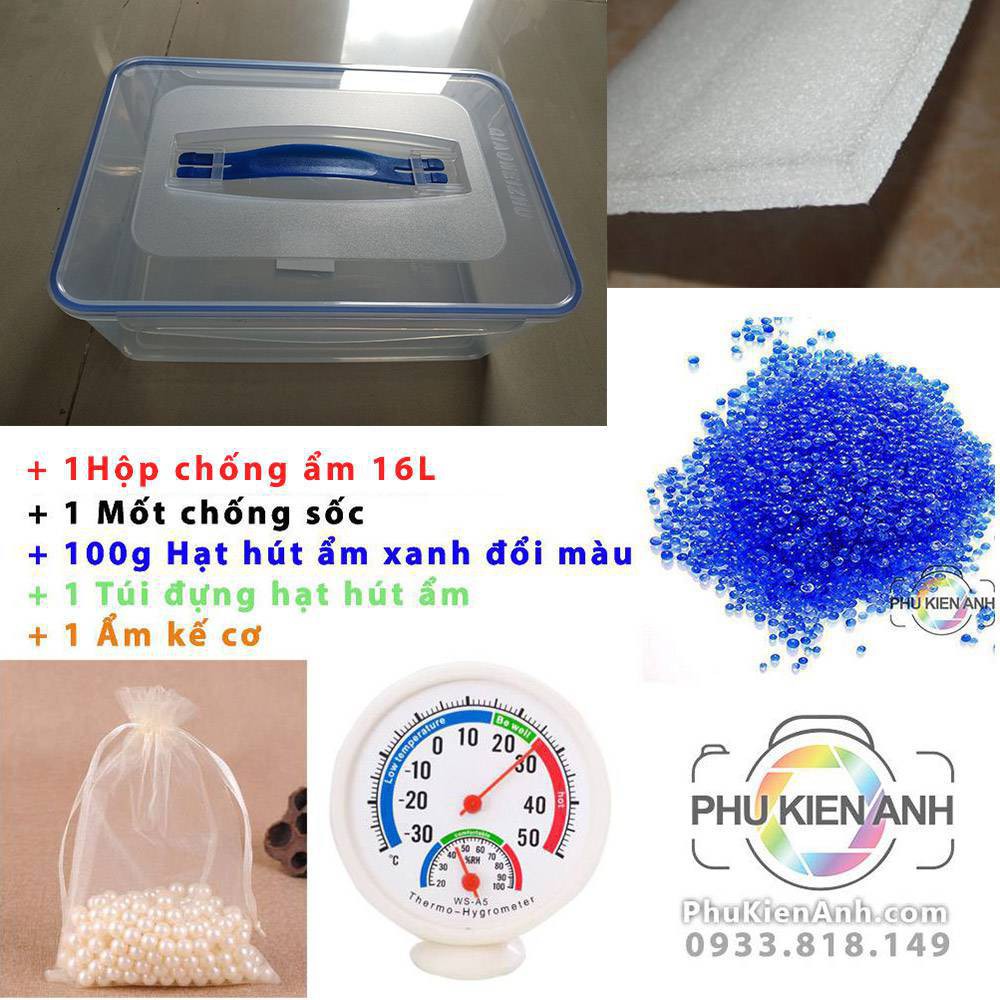 COMBO hộp chống ẩm 16 Lít cho máy ảnh, ẩm kế điện tử ( ẩm kế cơ )
