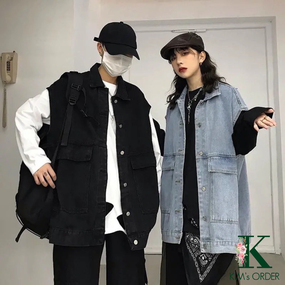 Áo khoác nữ jean màu xanh đen sát nách phom rộng nam nữ Unisex phong cách bụi bặm cực chất Ulzzang Hàn Quốc - HÀNG MỚI V