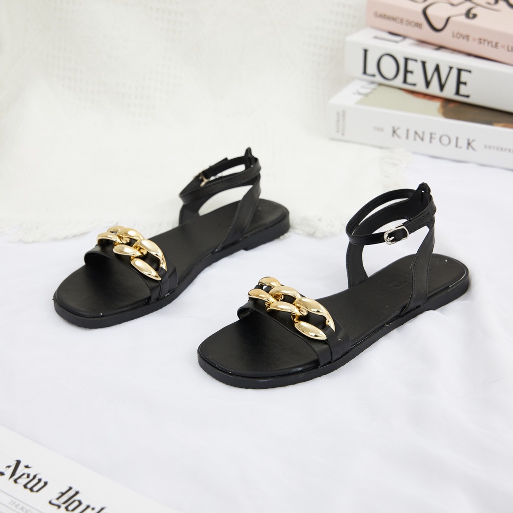 Giày Sandal Nữ thời trang MWC sandal đế thâp quai ngang màu đen kem siêu xinh NUSD- 2875