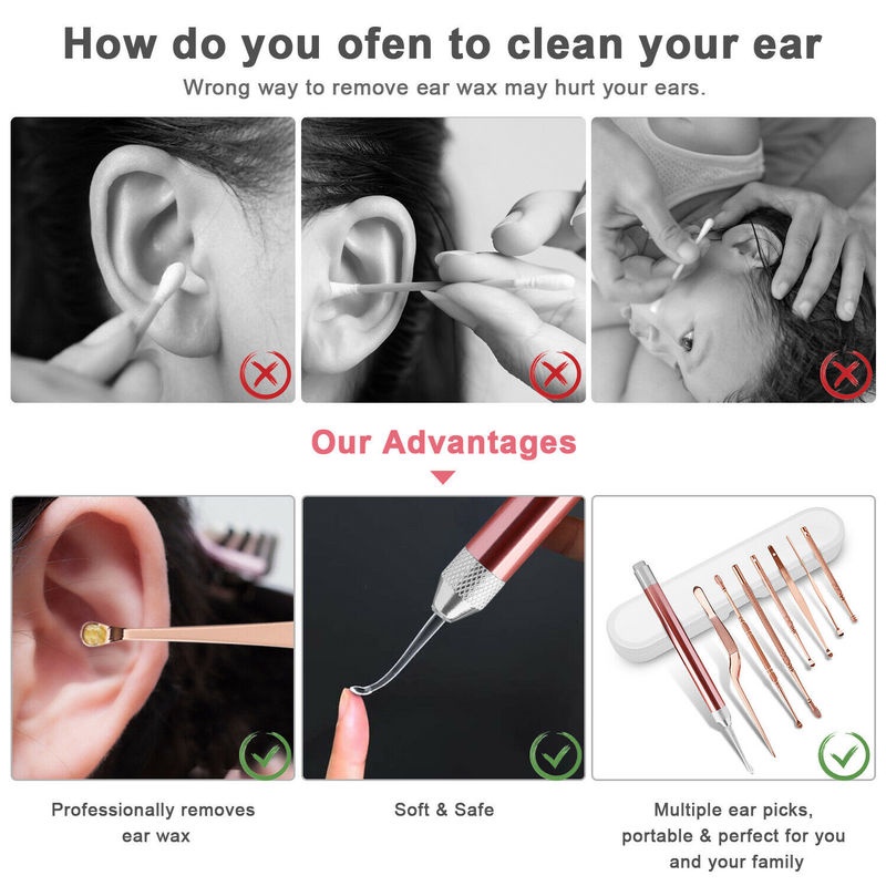 Set 8 Dụng Cụ Lấy Ráy Tai Đầu Xoay 360 Độ Bằng Thép Không Gỉ Tiện Dụng Cho Nữ