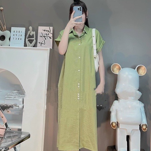 Váy sơ mi đũi suông dáng dài, đầm bầu công sở suông nữ form rộng tay hến gập nhiều màu - Tirahouse