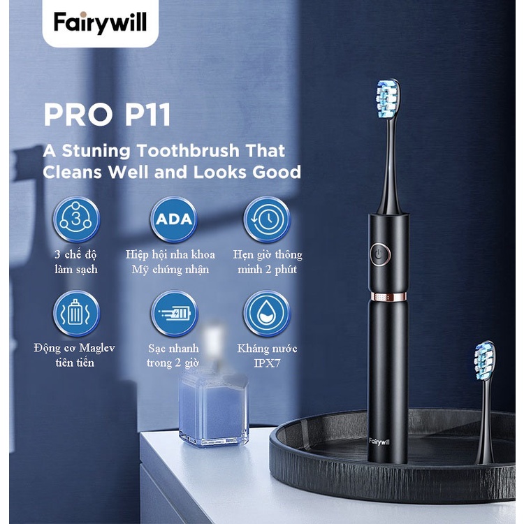 Bàn chải đánh răng điện Fairywill P11+ 8 đầu bàn chải thay thế+Công nghệ làm sạch bằng sóng siêu siêu âm NK21