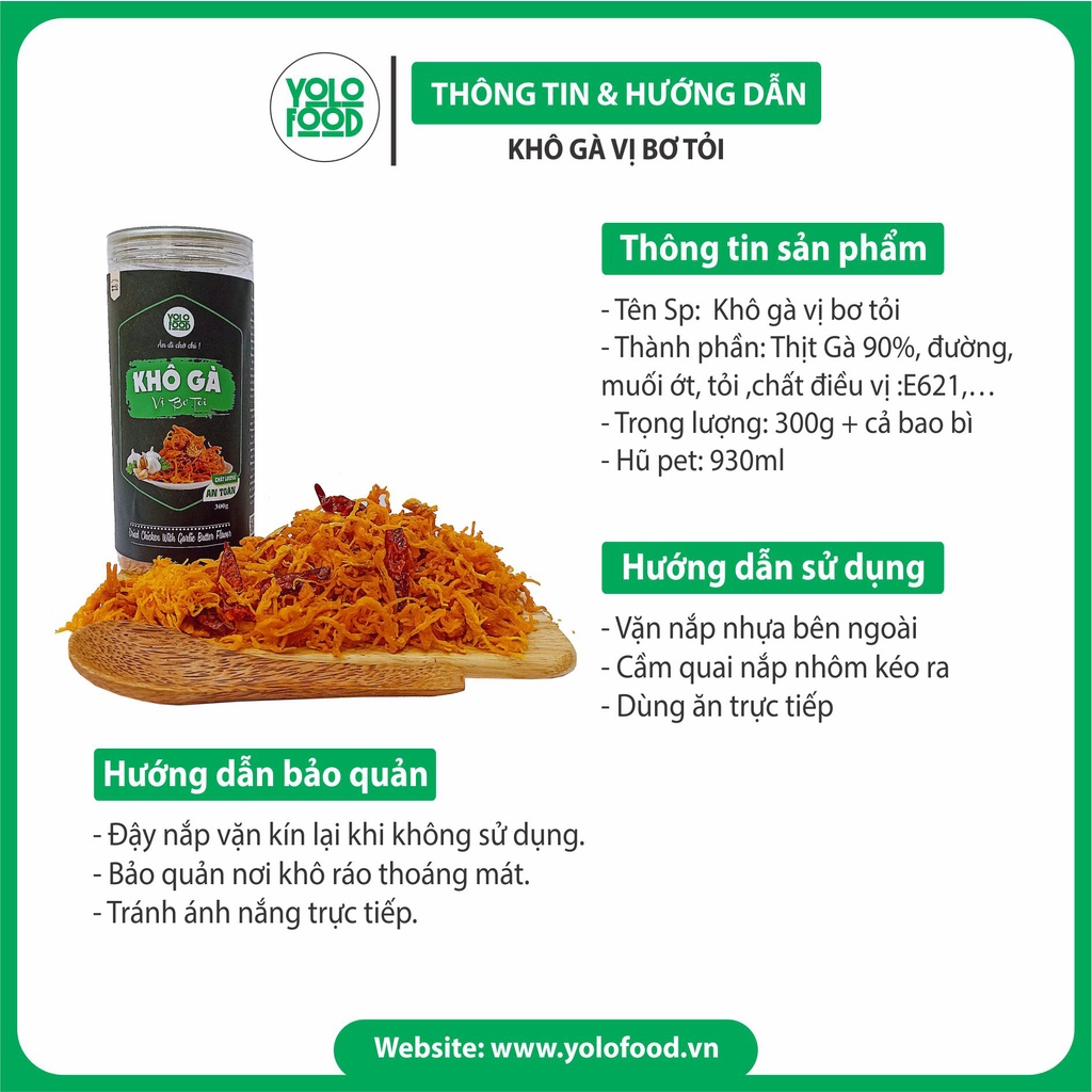 Khô gà bơ tỏi 300g YOLO FOOD đồ ăn vặt, ngon, chất lượng, khô gà bơ tỏi xé cay loại 1 vị truyền thống đóng hộp atvstp