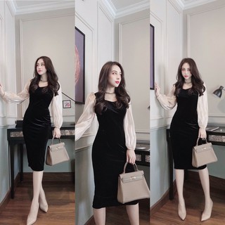 V385 váy body công sở dáng dài sang trọng , đầm dáng ôm dài tay dáng bồng nhẹ