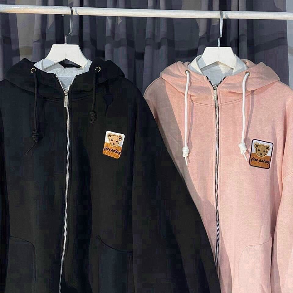 ÁO KHOÁC HOODIE KHÓA KÉO FORM RỘNG NAM NỮ THÊU GẤU , ÁO HOODIE UNISEX MÀU ĐEN THÊU GẤU