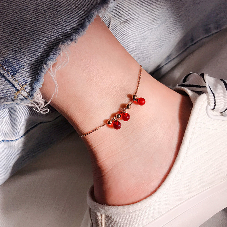 Lắc Chân Vàng 18K Bằng Thép Titan Lựu Đỏ Mới