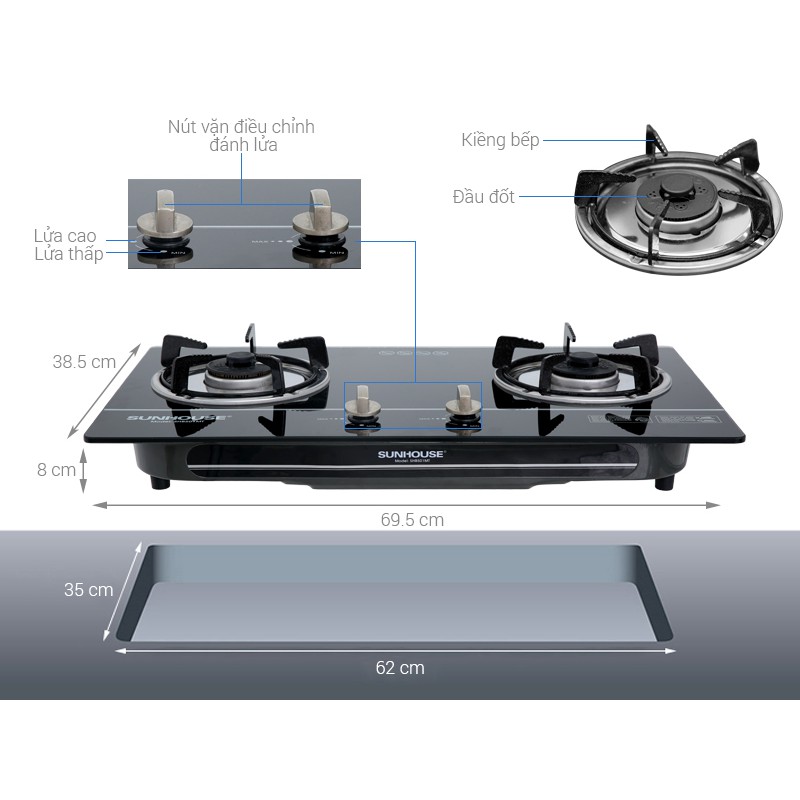 Bếp gas âm Sunhouse SHB 501MT+Tặng Dây gas-đánh lửa IC,Chất liệu đầu đốt đồng thau bền, cho lửa xanh tiết kiệm gas.