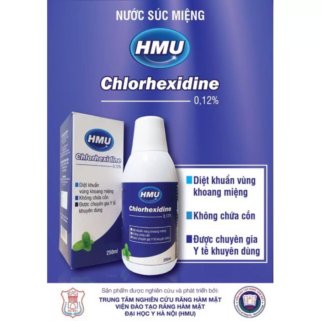 Nước súc miệng diệt khuẩn, sát khuẩn họng HMU Chlorhexidin 0,12% - Chai 250ml