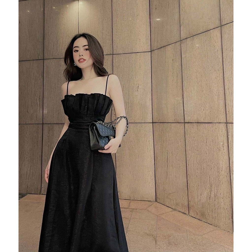 HCM] Đầm Xòe 2 Dây Xếp Ngực Dáng Dài (Có Mút Ngực) Cao Cấp Thời Trang Nữ Sam Closet Free Size 40-55kg