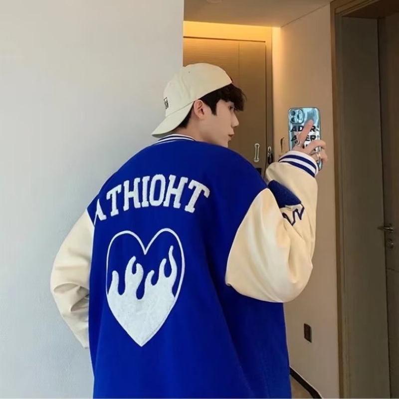 Áo Khoác Bóng Chày Màu Xanh Dương Thêu Chữ Trẻ Trung Thời Trang Xuân Thu Cho Nam