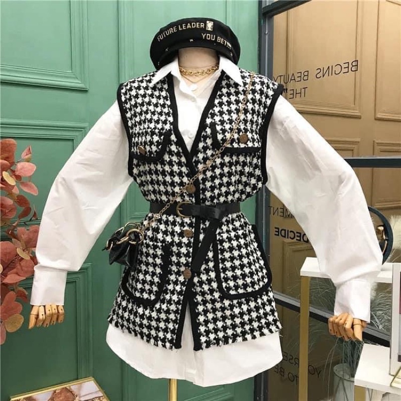 set sơmi + gile dạ kèm đai