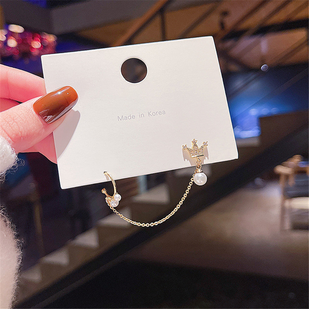 Cod Qipin 1 Piece Crown Pearl Chain Sweet Earbone Clip &amp; Stud Earrings for Women Ladies Jewelry