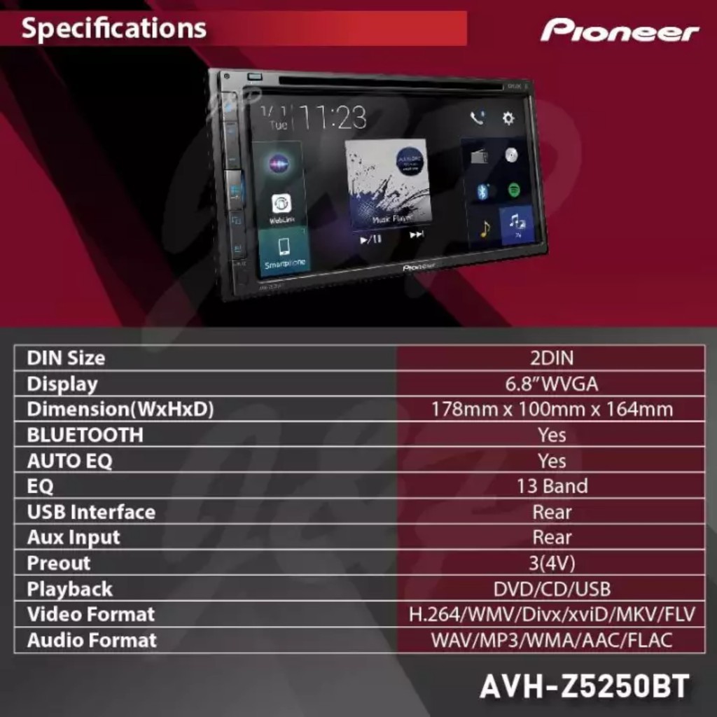 Pioneer AVH-Z5250BT Màn hình DVD đa phương tiện WVGA, Apple CarPlay, Android Auto, WebLink