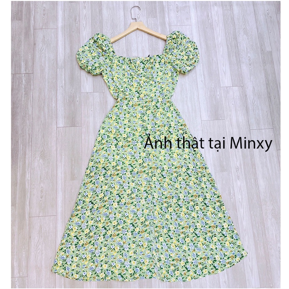 Váy hoa cổ vuông đầm xanh cúc bọc maxi dúm ngực xẻ tà 2 lớp hàng thiết kế sang chảnh-Minxy shop