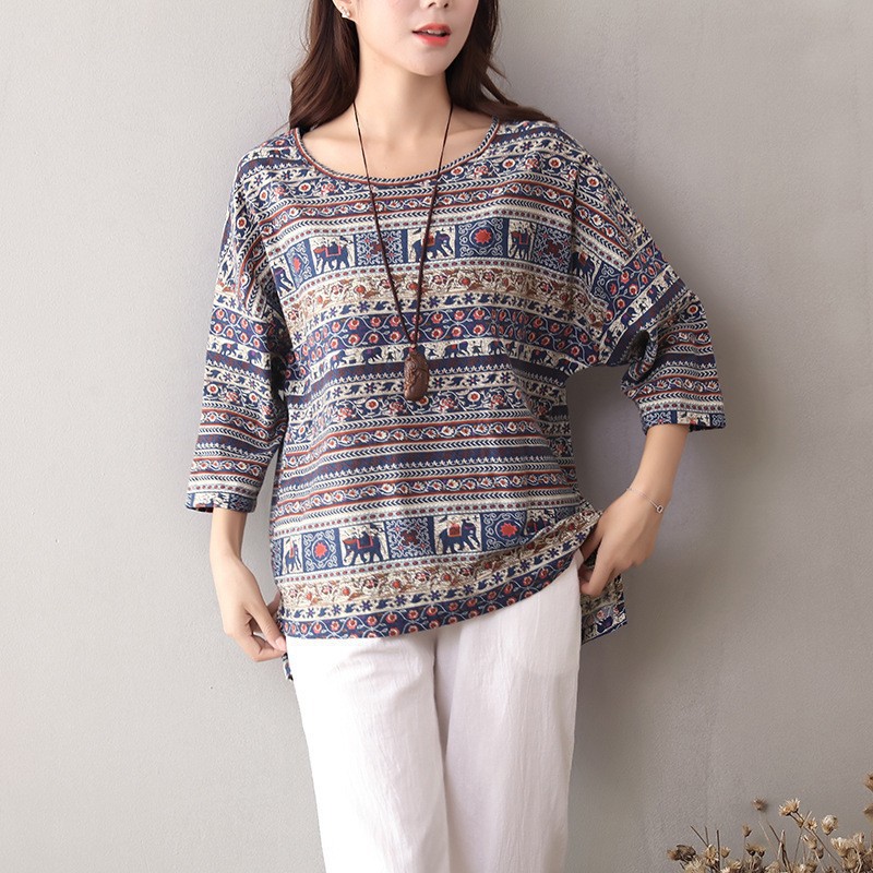 ZANZEA Women Casual Floral Printing 3/4 Sleeve O-neck Loose Vintage Blouse