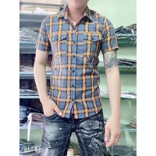 Áo sơ mi nam ngắn tay bbr caro kẻ sọc 2 túi ngực  phối màu , chất liệu cotton không phai mau