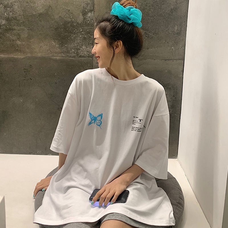 [Mã SKAMSALE06 giảm 10% tối đa 100K đơn 150K] Áo thun unisex from rộng cổ tròn tay lỡ freesize 38-70kg Bướm xanh chữ | BigBuy360 - bigbuy360.vn