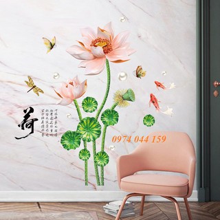 Decal dán tường 3D hoa sen hồng