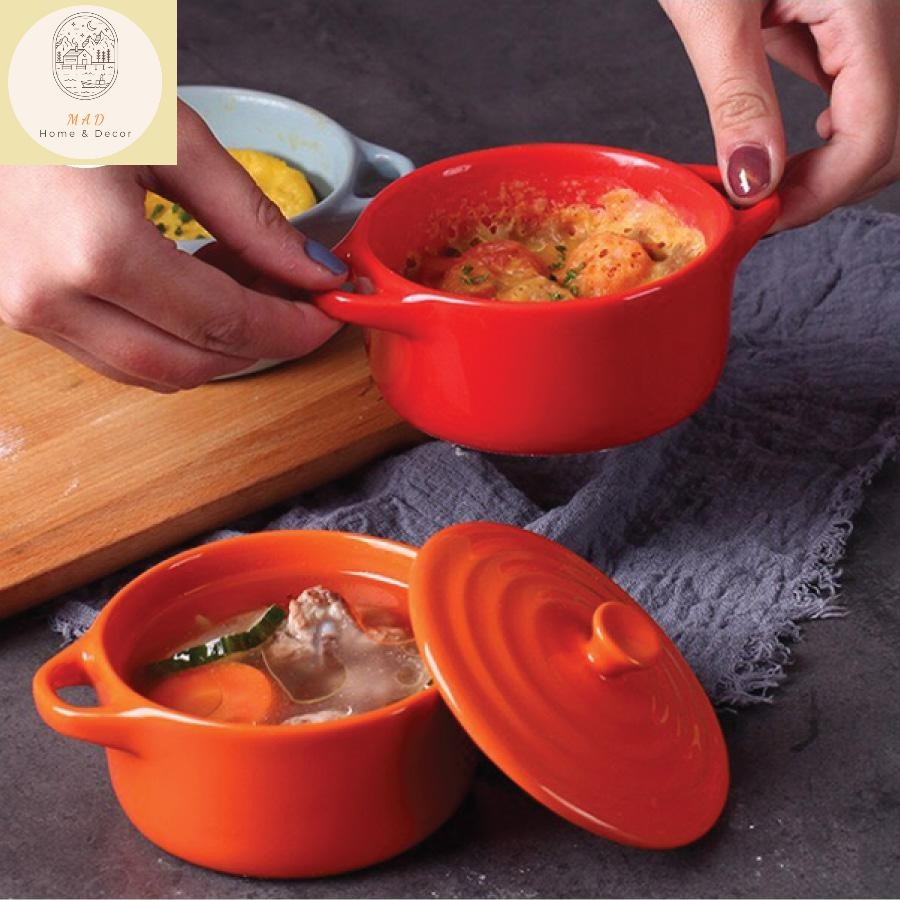 Bát sứ ăn dặm gốm sứ ramekin dành cho bé ăn dặm có quai kèm nắp đậy