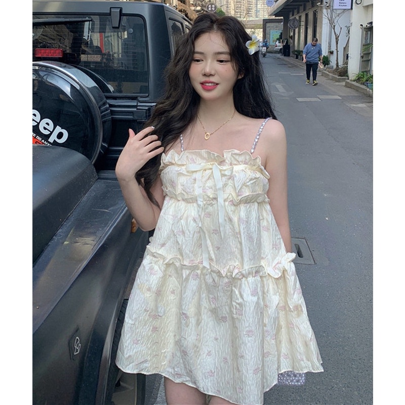 Đầm Sát Nách In Hoa Đính Ngọc Trai Giả Dễ Thương Thời Trang Mùa Hè Cho Nữ