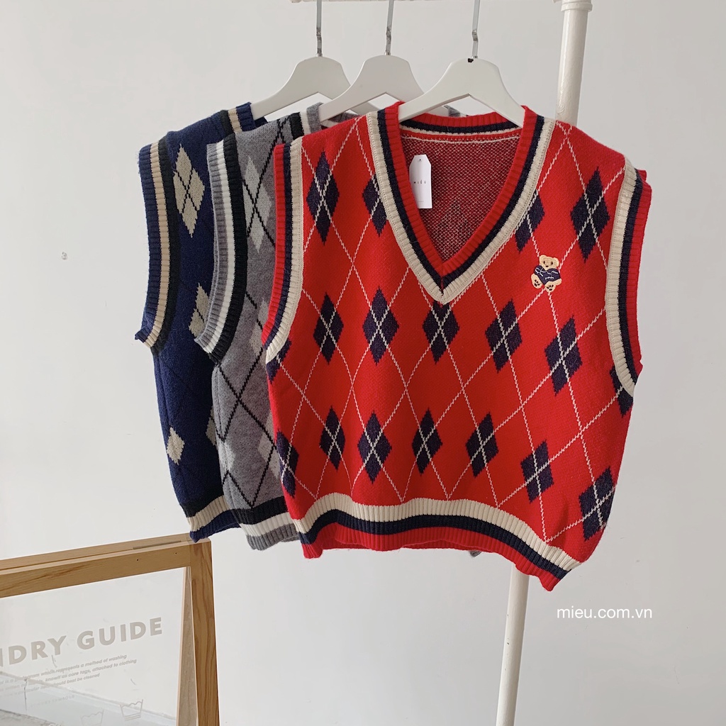 [ Miều ] Áo gile len họa tiết gấu Teddy