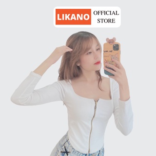 Áo croptop dài tay cổ vuông có dây kéo xẻ hông LIKANO CRT37