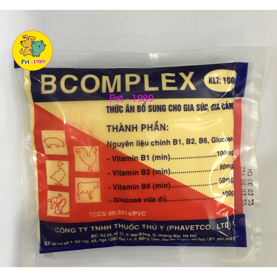 BCOMPLEX túi: 100g .Bổ sung các Vitamin cho gia súc , gia cầm. Pet-1989