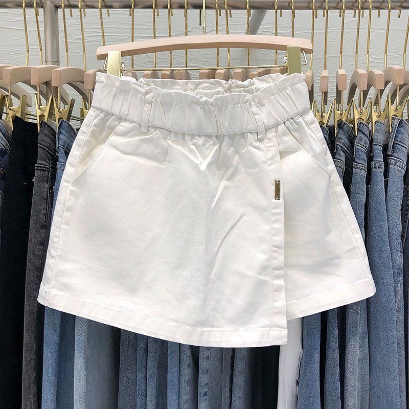 Large size fake two-piece hakama all-match elastic high waist pure cotton spring and summer white hakama women's slim A-line skirt Z3