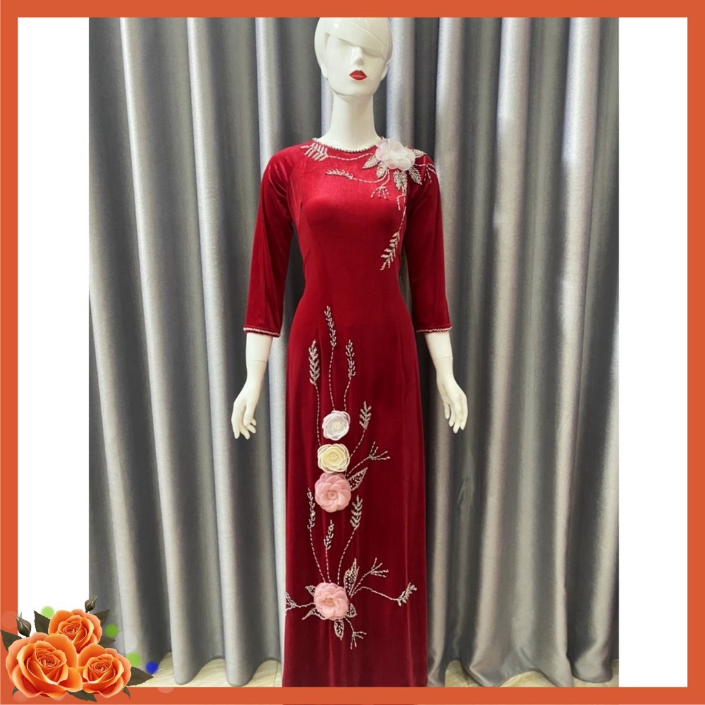 ÁO DÀI NHUNG CỔ TRÒN, CỔ 2 PHÂN ĐÍNH HOA, ÁO DÀI TRUYỀN THỐNG AD2TN1