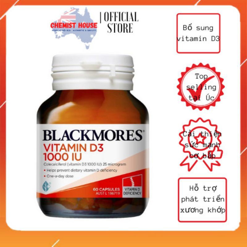 [ Hàng Chuẩn ÚC ] Blackmores Vitamin D3 1000IU - Viên uống vitamin D3 60 viên