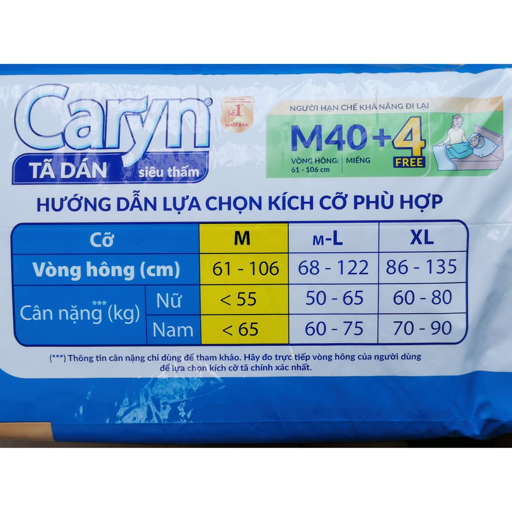 [CHÍNH HÃNG] Bỉm Người Già - Tã Dán Caryn Size M40 (Vòng hông 61-106cm)