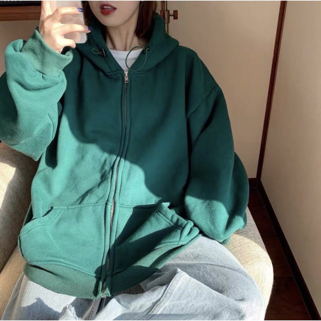 Khoác Nỉ Trơn Hoodie Dáng Rộng Hàn Quốc Nam Nữ Unisex Túi Rộng Mũ To Tay Bồng