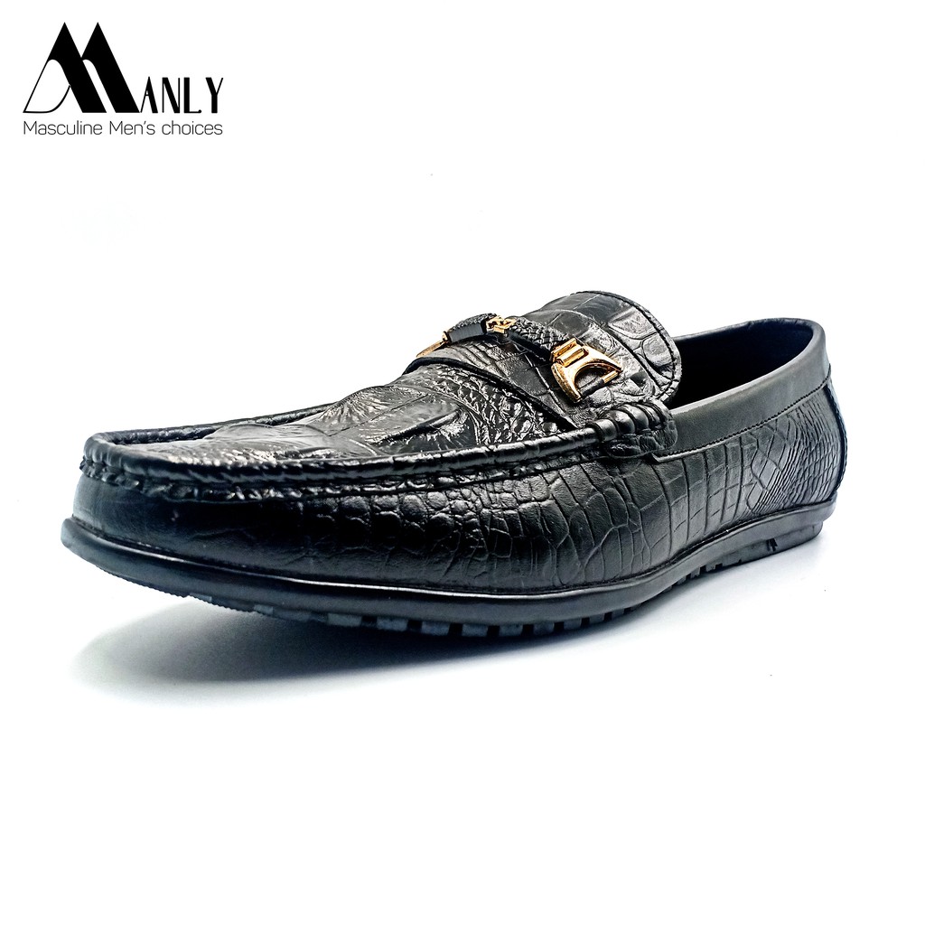 Giày lười nam dập vân cá sấu cao cấp MANLY da bò thật 100%, băng tag vàng thời trang, bảo hành 12 tháng, Đen-ML027