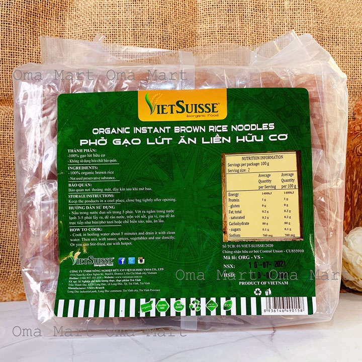 Phở gạo lứt ăn liền hữu cơ Vietsuisse (15 gói x 60g)