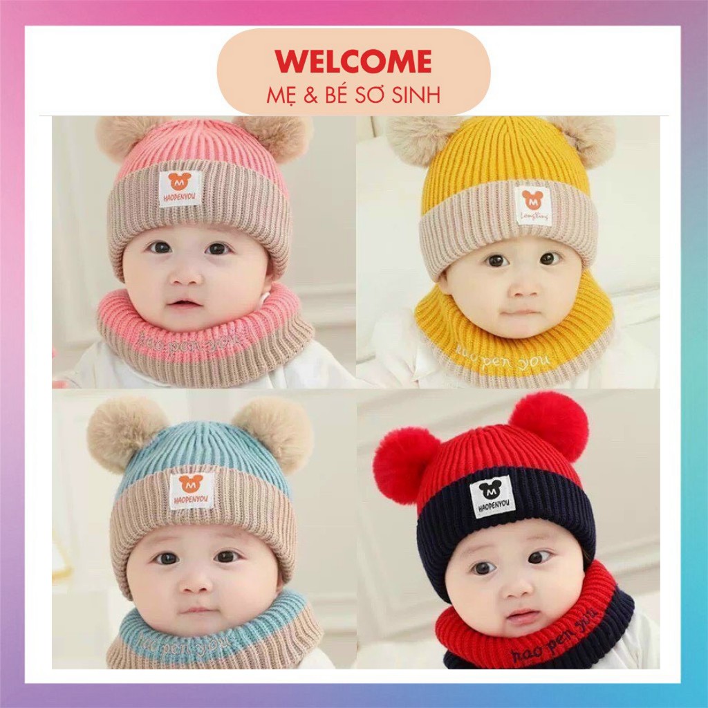 Mũ len lót lông kèm khăn ống quàng cổ cho bé giữ ấm nón len trùm đầu 6-36m