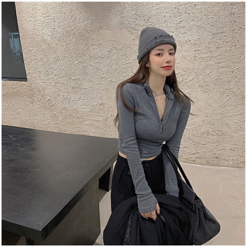 SUXI Áo Croptop Tay Dài Khoá Kéo Thiết Kế Mới Dành Cho Phái Nữ