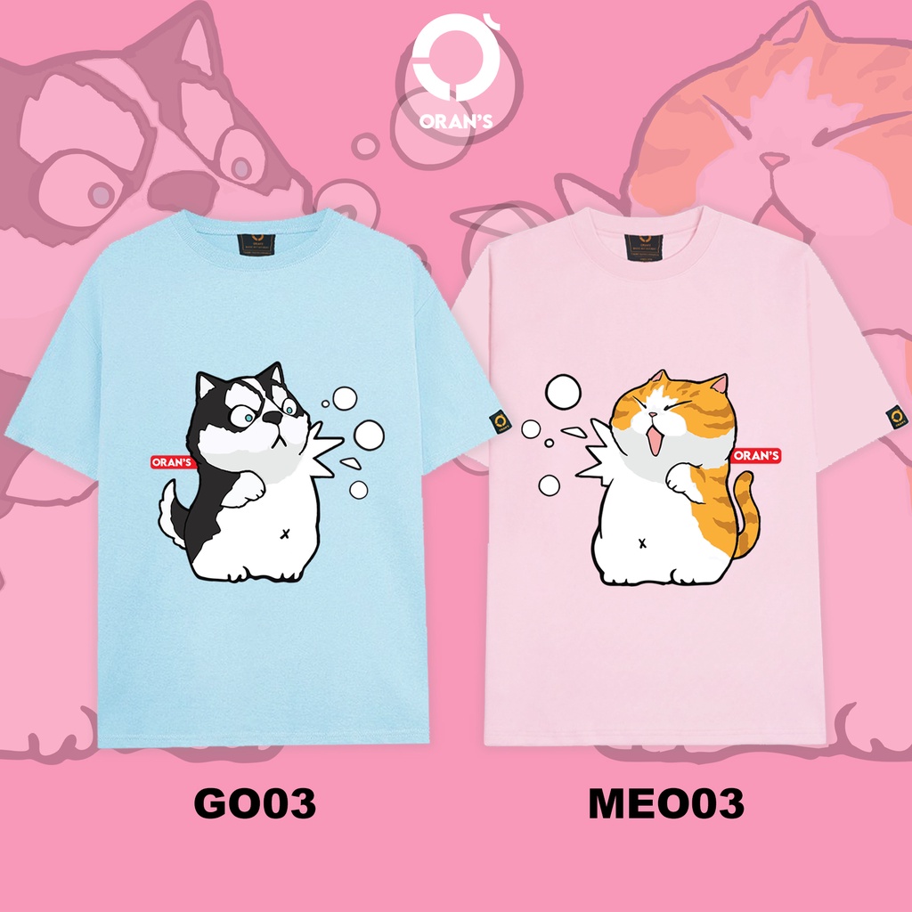 Áo thun tay lỡ ORAN'S Couple Tee chó mèo 03 áo đôi nam nữ Oversize chất COTTON 4C FULLBOX ORANS - Chó Husky &amp; Mèo Vàng