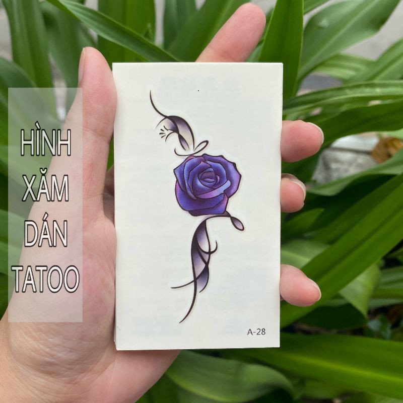 Hình xăm hoa hồng xanh tím đơn giản. Tatoo dán tạm thời size 10x6cm