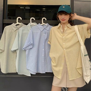 A032 áo sơ mi nữ ngắn tay kẻ các màu chất xốp form rộng oversize hè thu dáng thụng cộc tay lỡ đi học đi chơi