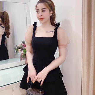 Đầm tiểu thư xoè hai dây tầng phối tay lưới hồng