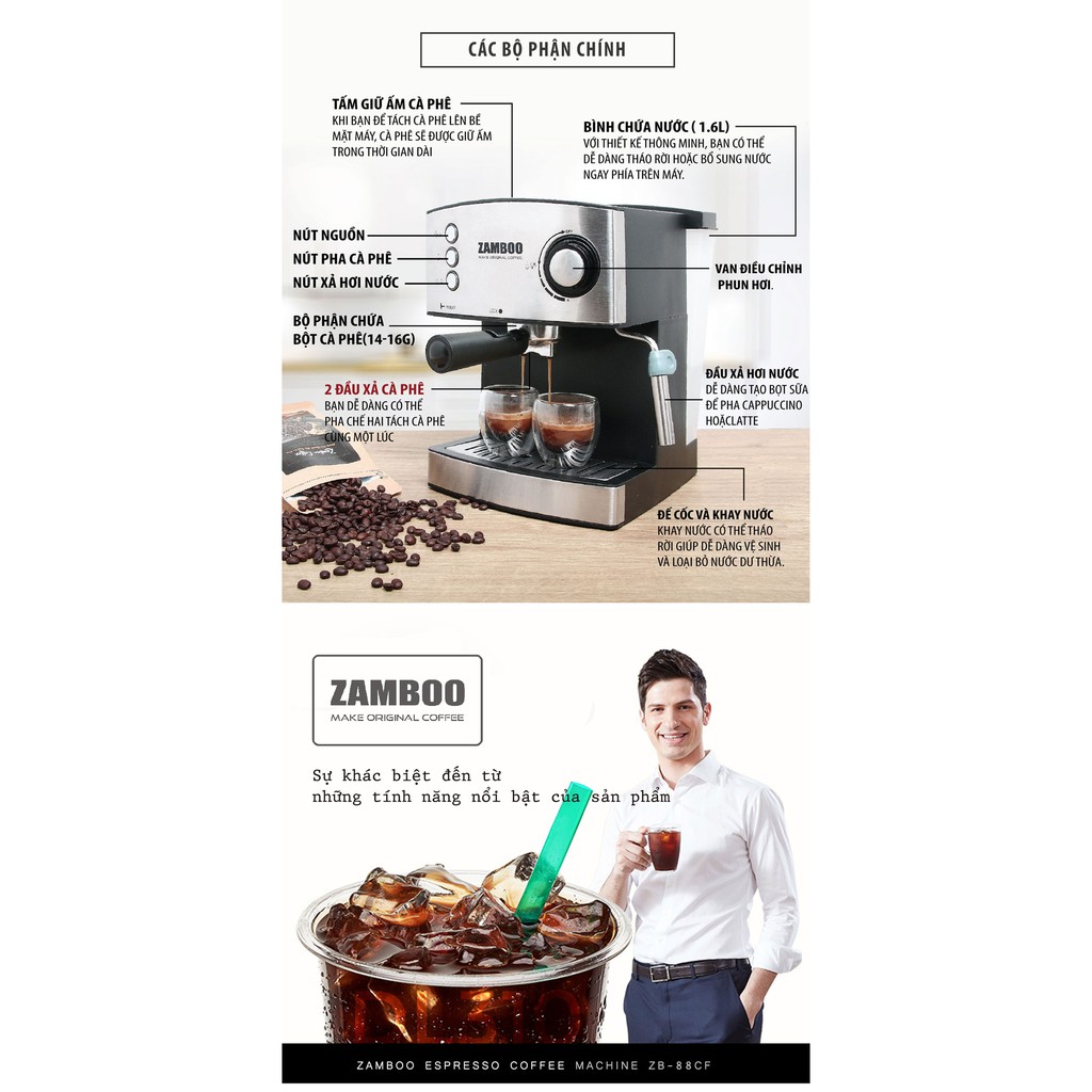 [Mã ELHADEV giảm 4% đơn 300K] Máy pha Coffe ZamBoo zb-88cf